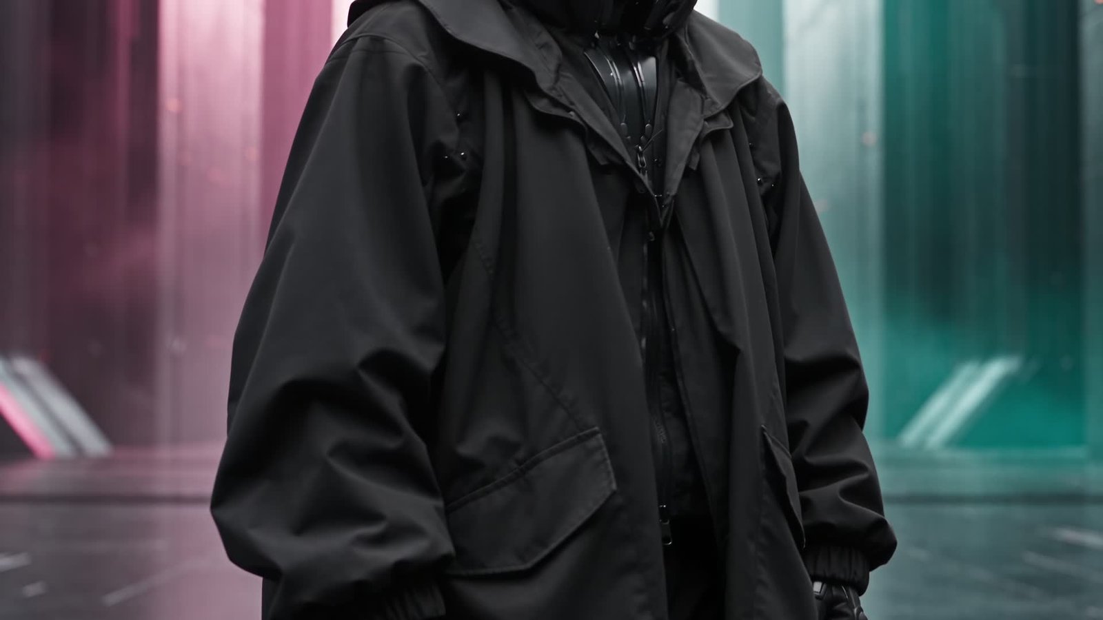 Detalle de la silueta y las capas de la chaqueta negra