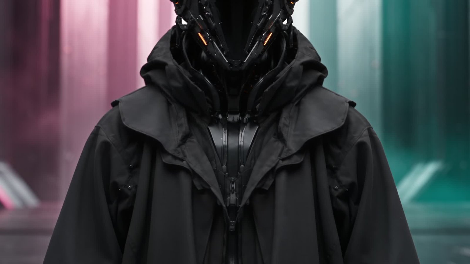 Casco robótico negro y chaqueta de capas bajo iluminación cinematográfica